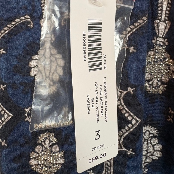 NWT Chico's Blue Elaborate Medallion Cold Shoulder Long Sleeve Beaded Detail - Picture 7 of 9